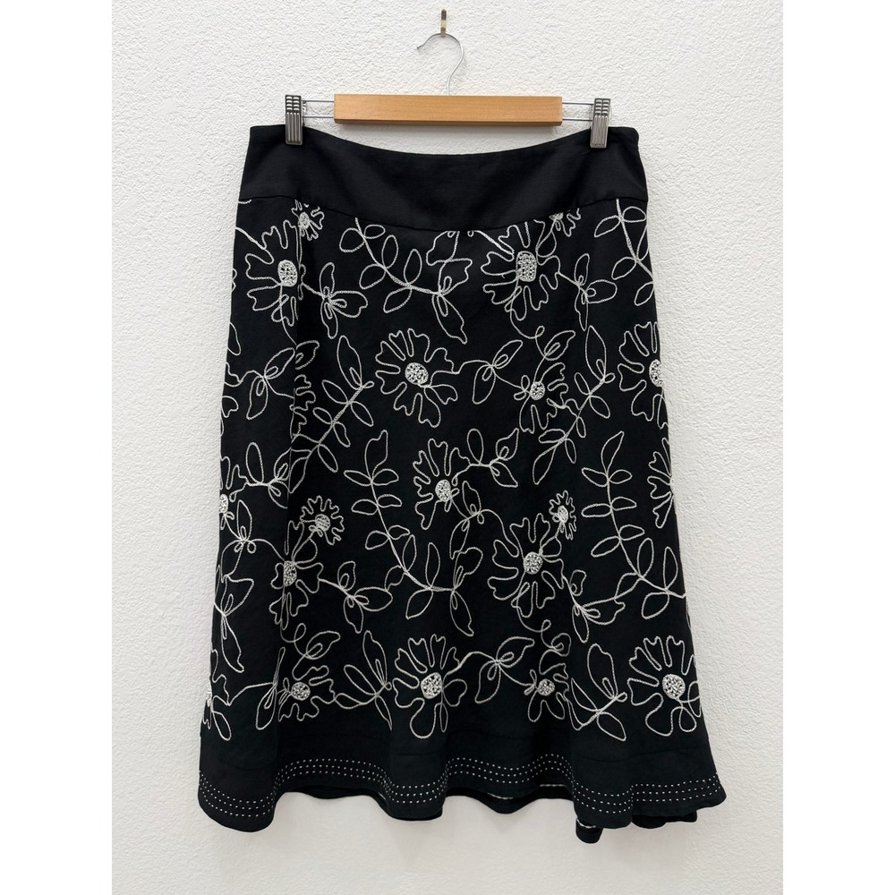 Carole Little Black White Floral Embroidered Beaded Linen Blend Skirt Size 10